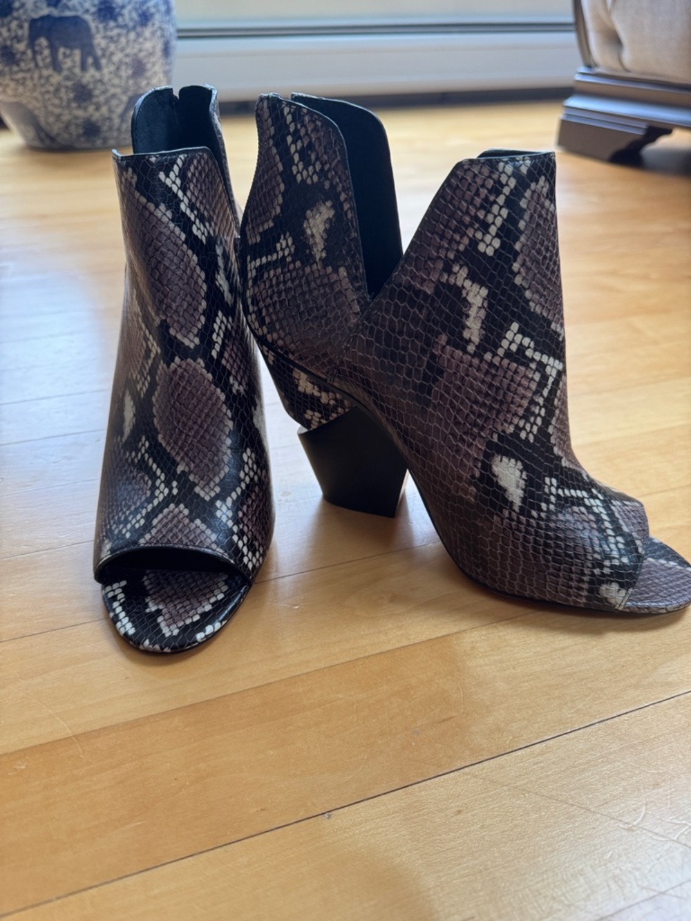 Brand New Vince Camuto Snake-Print Peep-Toe Ankle Boots - Brown/Black 9.5 NWOT